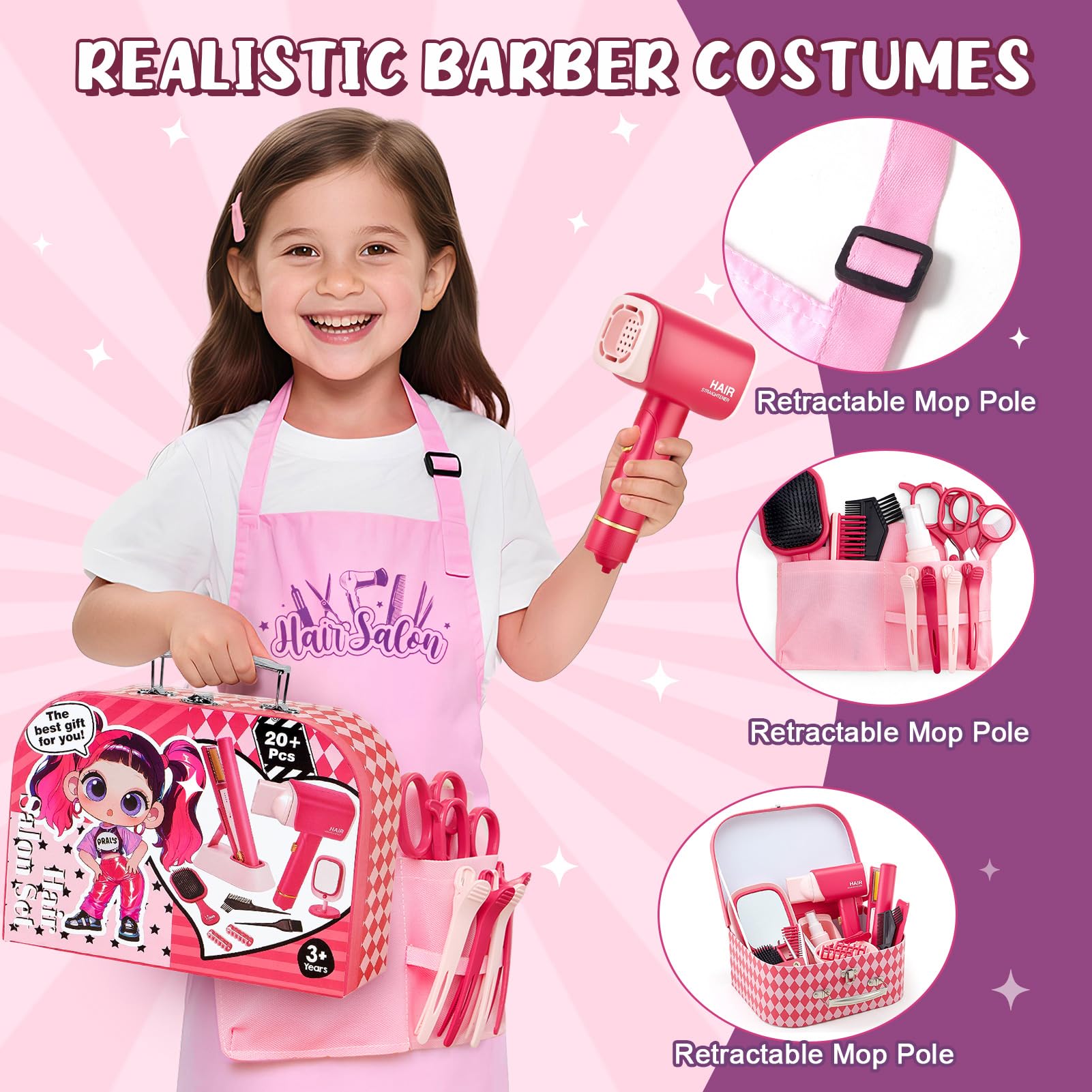 Toylink Friseur Set Kinder Mädchen Spielzeug mit Kinderfön, Haarglätter, Spiegel, Schere, Schürze und Frisierkoffer, Rollenspiel Spielzeug für Mädchen 3 4 5 6 7 8 Jahre 6