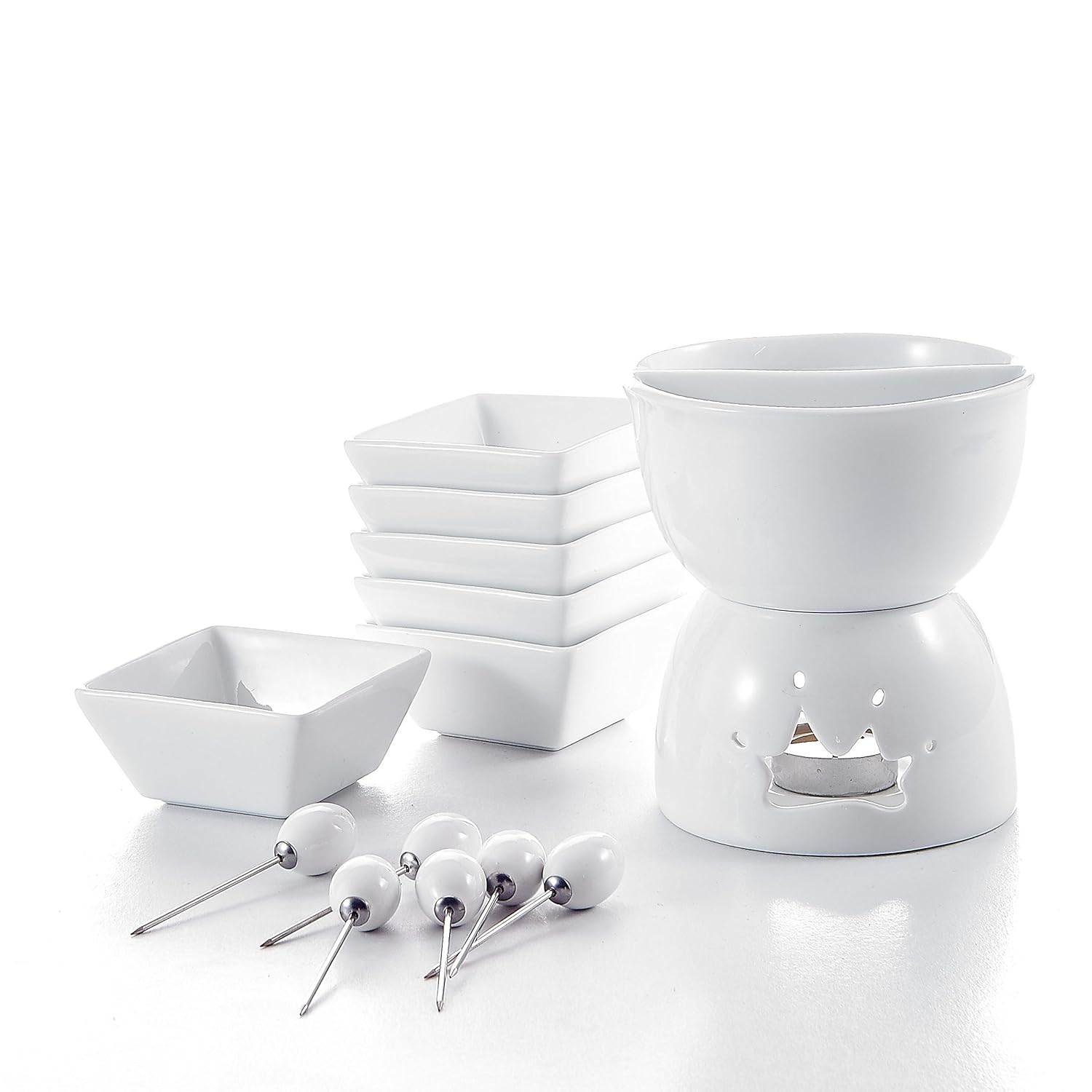 Ceramic Tealight Candle Cheese Butter Chocolate Fondue Set w/Dipping