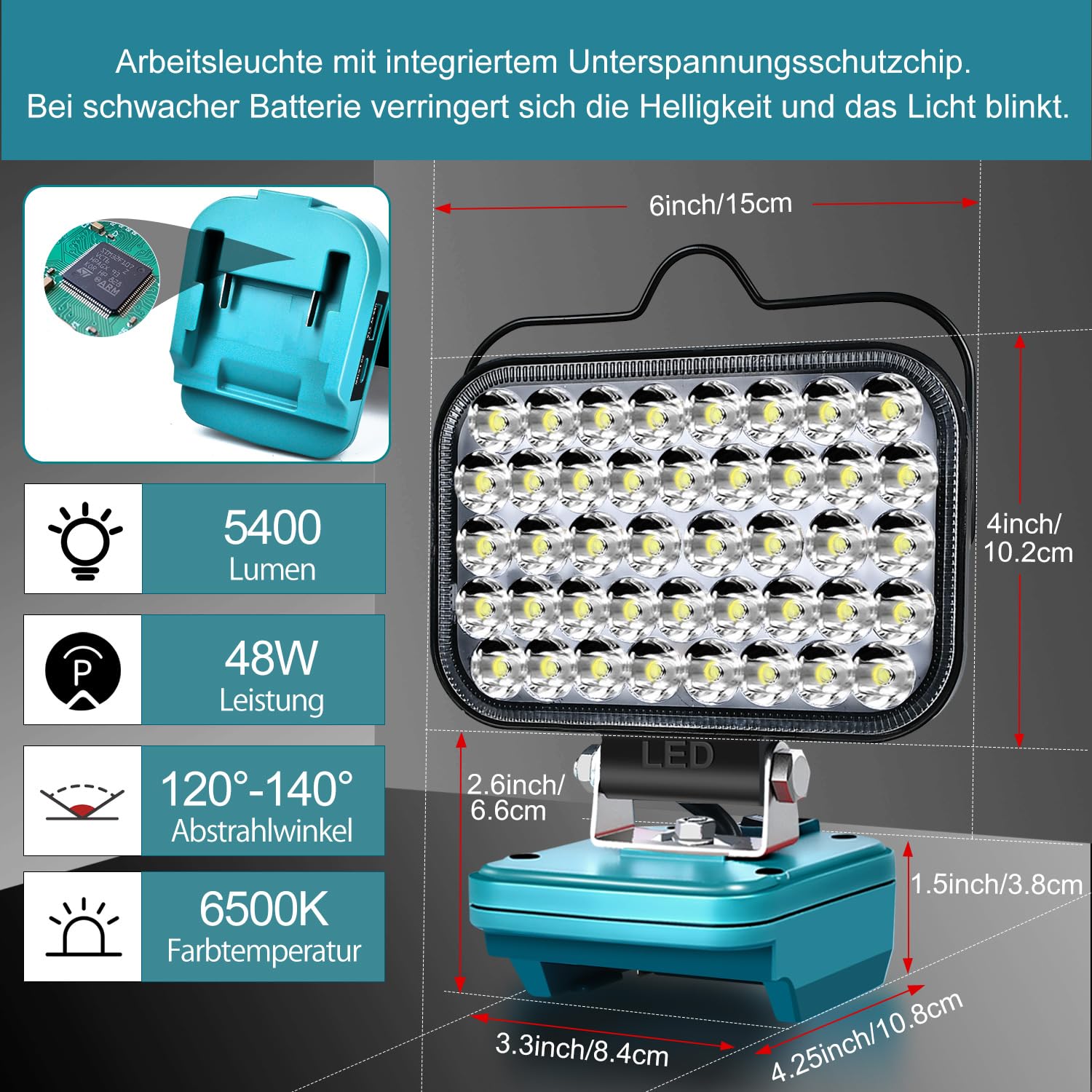 Lampe für Makita 14,4V-18V LXT (Kein Akku), Hell Baustrahler Taschenlampe Light Tragbares LED-Licht für Makita Battery, Arbeitsleuchte Flutlichter Zubehör für Baustellen,Autoreparaturen,Camping 6