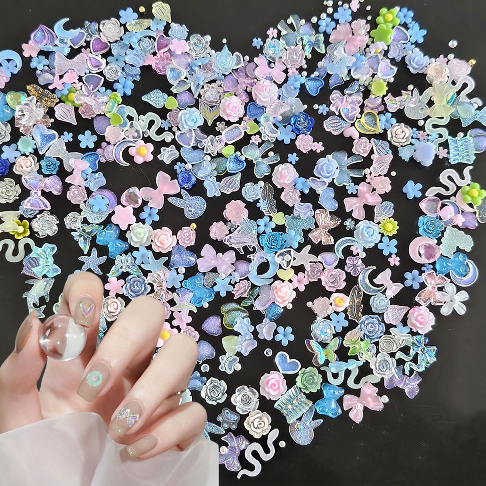 3D Aurora Butterfly Bear Bow Heart Flower Nail Art Charms - 300 Pcs Cute Multi-colored Rhinestones Gems Pearls for Women Girls DIY Crafting
