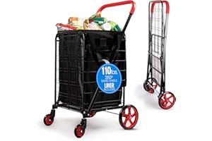 SereneLife Large Folding Utility Shopping Cart with Removable Liner – Heavy Duty, 360° Swivel Wheels, 110 lb Capacity, Portable for Groceries, Laundry, Luggage, and More (Red)