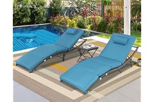 BPTD 3 Piece Patio Chaise Lounge Rattan Chairs Lounge Chairs for Outside Pool Lounge Chairs Set of 2 for Poolside Porch Lounging Garden and Backyard (Peacock Blue, with Table)