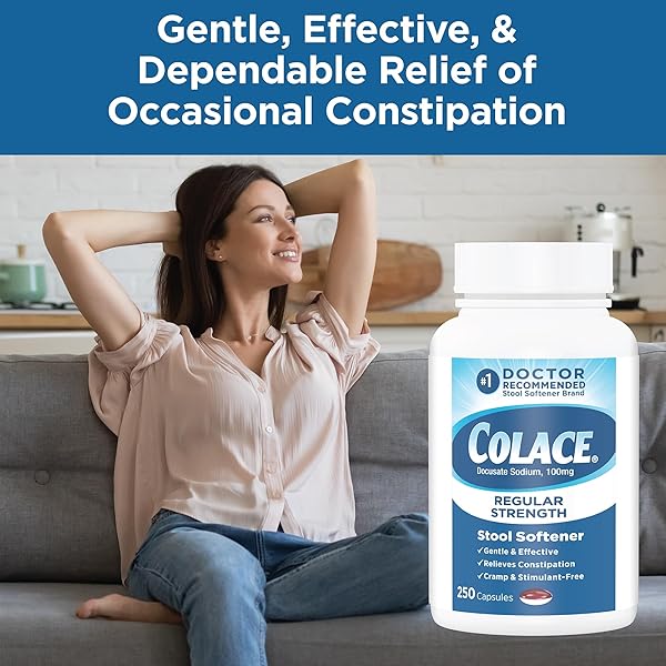 COLACE REGULAR STRENGTH STOOL SOFTENER, 100 MG CAPSULES, 250 COUNT, DOCUSATE SODIUM STOOL SOFTENER FOR GENTLE, DEPENDABLE RELIEF