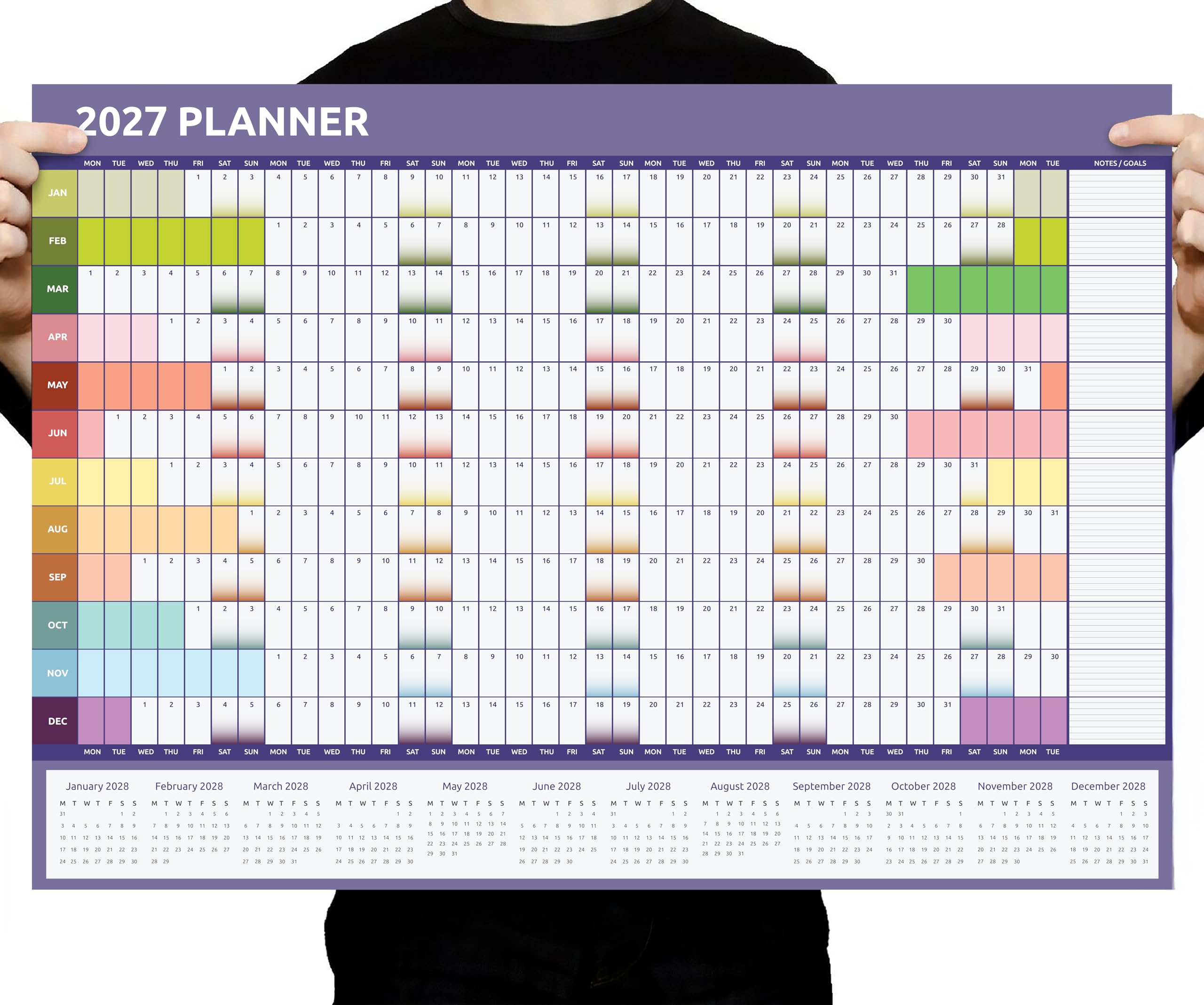 2027 Wall Planner A1 Full Year to View - Large 84cm x 59cm Calendar Foldable to A4 - Ideal for Home, Office, School & Planning (Rainbow)