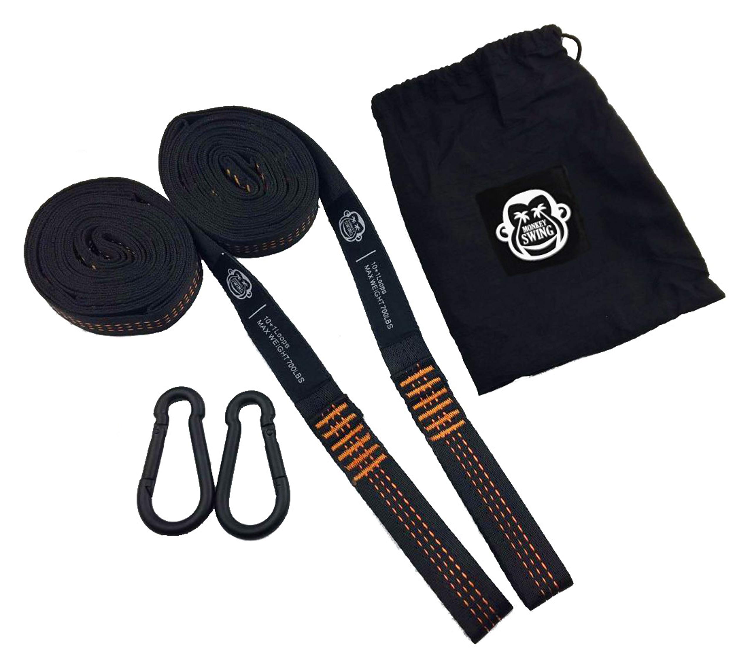 Monkey Swing hammock suspension set mounting set > 300 kg load capacity, 275 cm long, 2 x carabine + carrying bag, adjustable, individually adaptable - 11 + 1 loops- light, robust - sewn triple, for hammock, swing, garden, camping, trekking