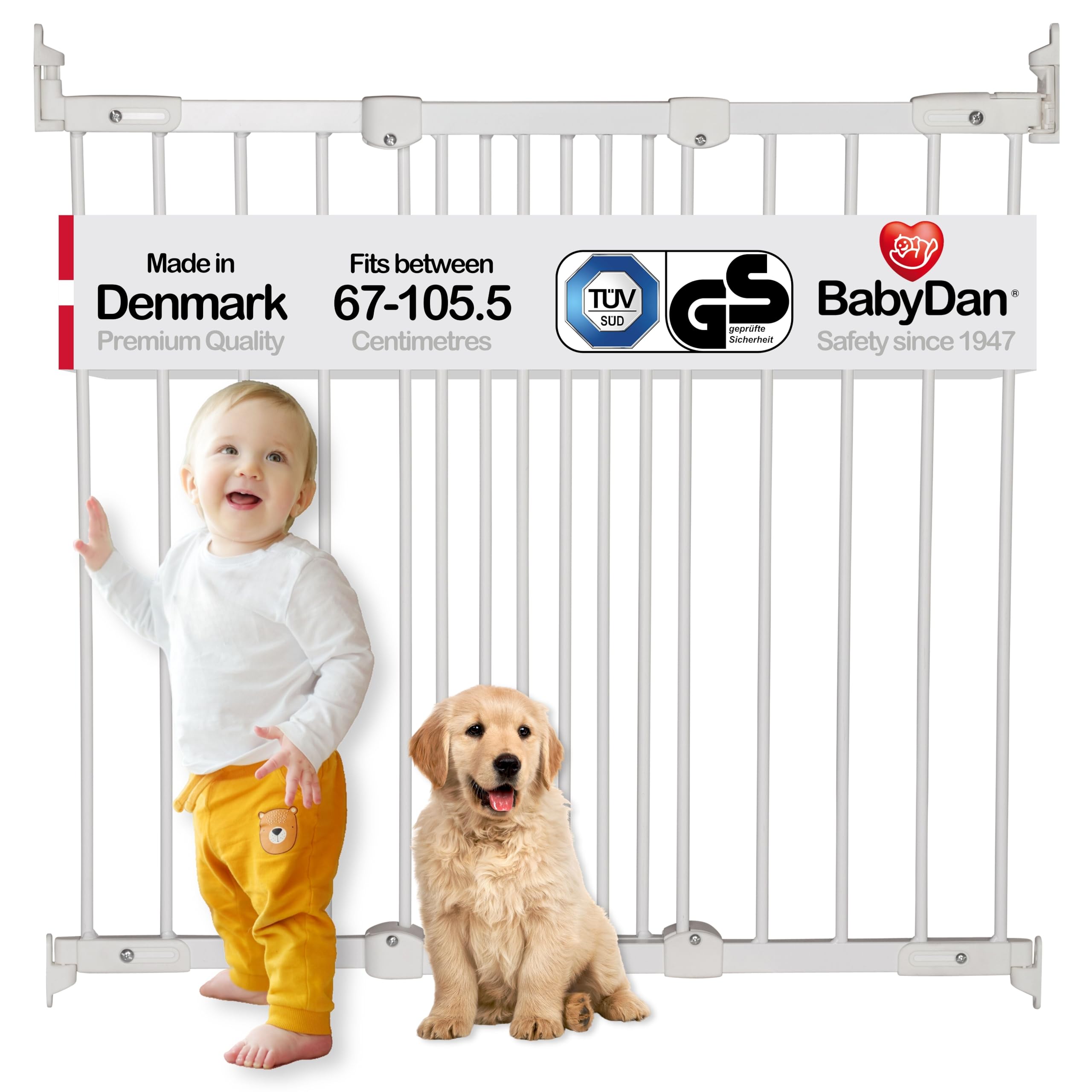 BabyDan FlexiFit, Covers openings between 67-105.5 cm/26.4-41.5 inches, Extendable and Flexible Stair Gate/Baby Gate/Safety Gate, Metal, White, Made in Denmark - (Pet Gate/Dog gate)