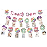 Donut First Birthday Photo Banner Sweet One Banner Dessert Newborn to 12 Months Hanging Photo Decor Rainbow Colorful Milestone Monthly Picture Display Hanging Decor for Girls 1st Birthday Supplies