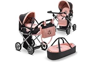 DOLLS TO PLAY Baby Doll Convertible Pram Stroller with Removable Travel Bassinet Carrier for Kids Adjustable Handle Buggy Carriage with Canopy and Storage Basket 25 Inch Pink, Black