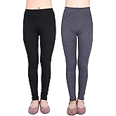 IRELIA 2 Pack Girls 100% Cotton Fleece Lined Warm Leggings Stretchy for Winter
