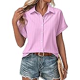 Zeagoo Button Down Shirts for Women Pink and White Striped Tops Short Sleeve Summer Blouses Work Clothing