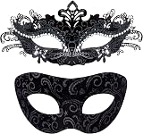 SIQUK Couple Masquerade Masks Metal Venetian Party Halloween Mardi Gras Black