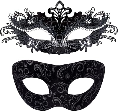 SIQUK Couple Masquerade Masks Metal Venetian Party Halloween Mardi Gras Black