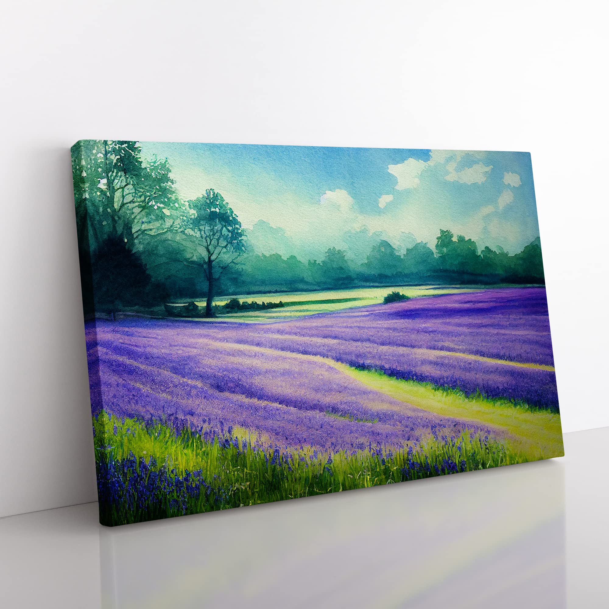 Bluebell Field In Watercolour Vol.3 Canvas Wall Art Print Ready to Hang, Framed Picture for Living Room Bedroom Home Office Décor, 50x35 cm (20x14 Inch)
