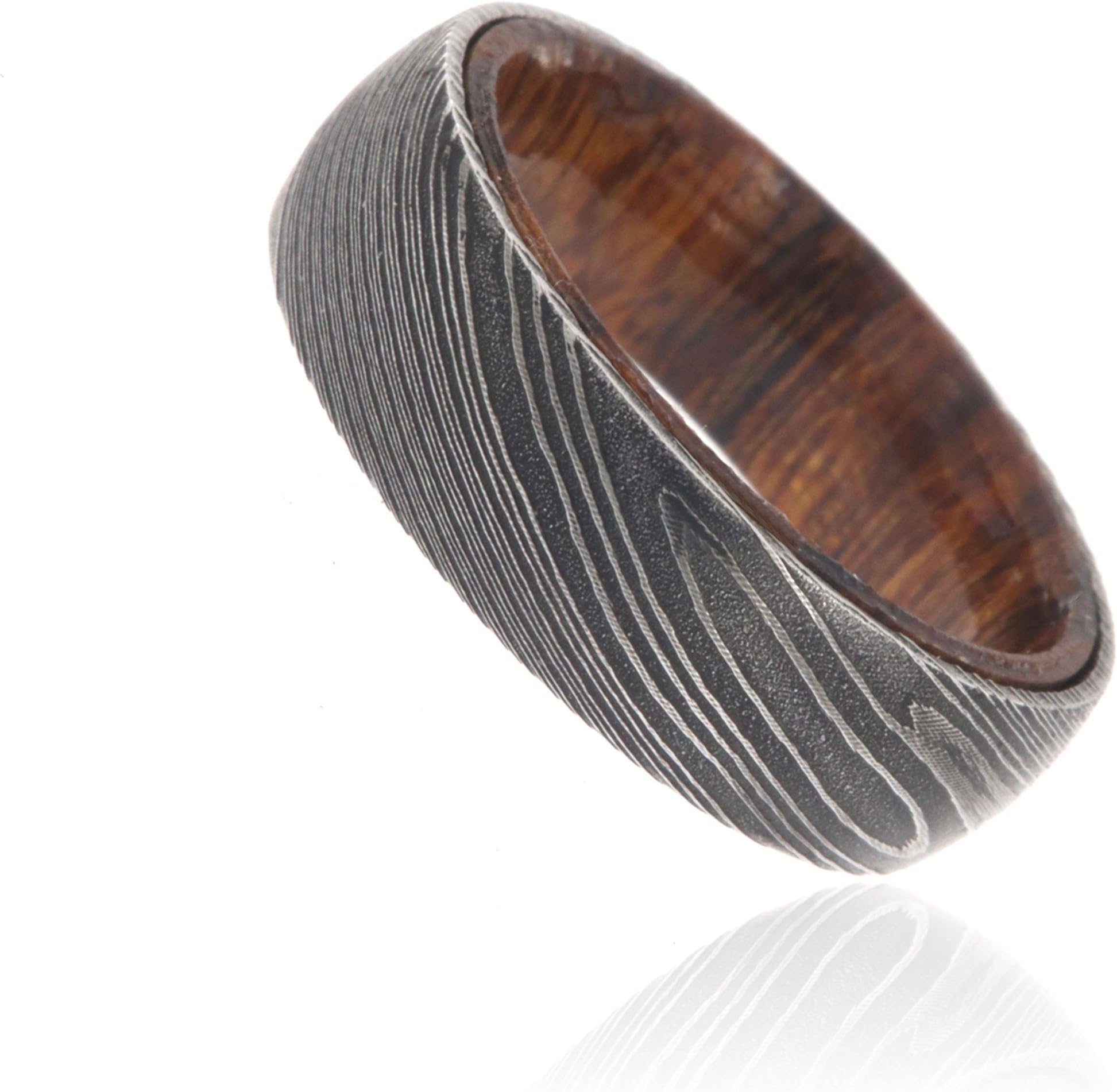 The Jewelry Source 7mm Wide Damascus Steel Ring Etched Damascus Steel Bands Wedding Rings with a Iron Wood Sleeve