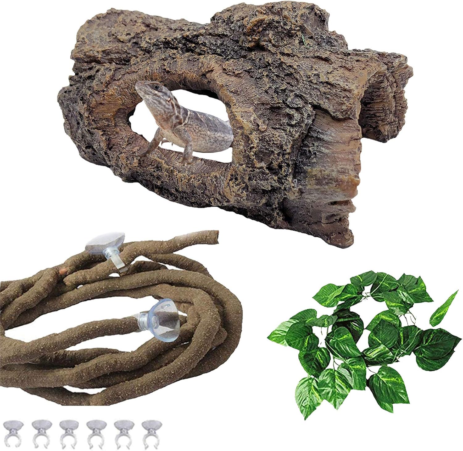 Tfwadmx Reptile Hideout Cave Lizard Resin Hollow Tree Trunk Habitat Decoration Decaying Driftwood Hut Ornament Bark Bend Tank Decor Terrarium Accessories for Gecko, Chameleon and Hermit Crabs