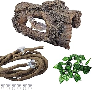Tfwadmx Reptile Hideout Cave Lizard Resin Hollow Tree Trunk Habitat Decoration Decaying Driftwood Hut Ornament Bark Bend Tank Decor Terrarium Accessories for Gecko, Chameleon and Hermit Crabs
