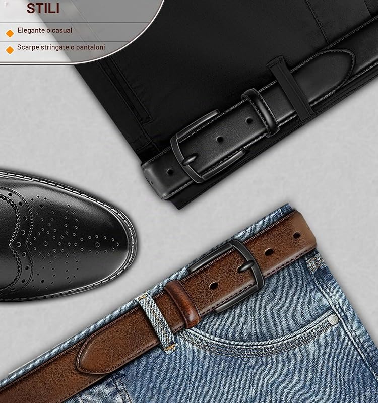 Cintura Uomo 2 Pezzi, Cintura Pelle per Jeans Casual 35mm,Dimensione Fissa(Nero/Marrone scuro,140cm/48-50vita regolabile)