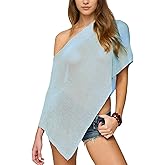 SeeLuNa Women Cover Up One Shoulder Knit Asymmetric Shrug Pullover Sweater Trendy Beach Vacation Sheer Poncho Mesh Blouse(Lake-Blue,L)