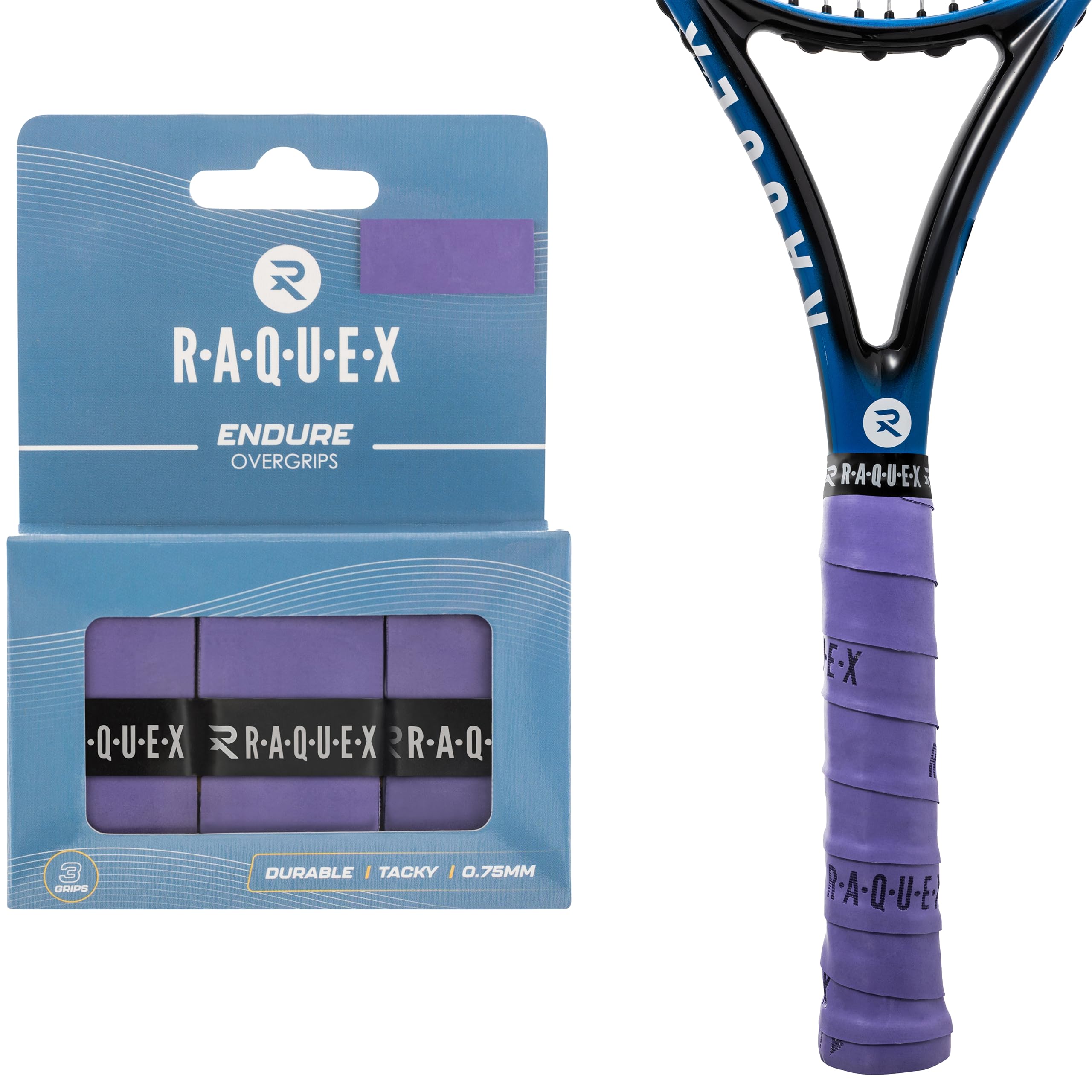 Raquex Endure Racket Overgrip Tape – 3 Pack Racquet Overgrip Tape, Durable, Dry Feel, 0.75mm Thickness - Anti Slip Over Grip for Tennis Racket, Badminton, Squash, Padel (Deep Purple)
