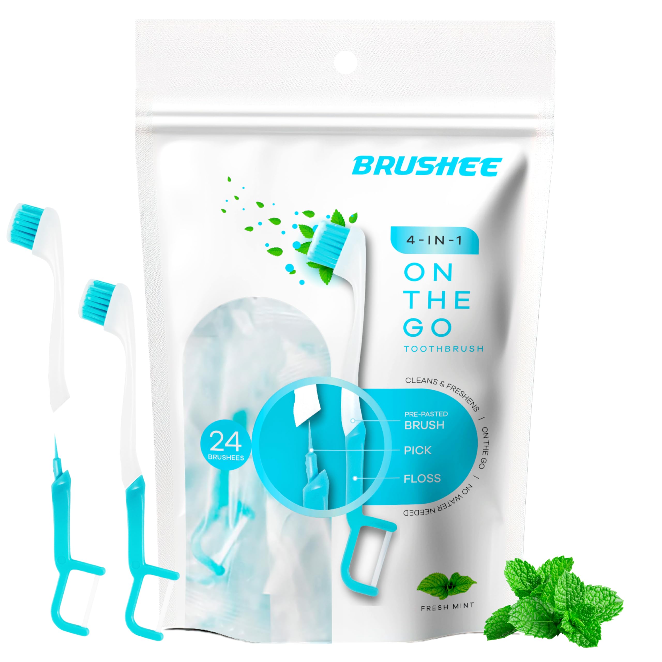 Brushee 4-in-1 Oral Care Tool with Toothpaste, Brush, Floss and Pick, Individually Wrapped Disposable Toothbrushes for Adults, Hygienic On-the-Go Dental Care, Travel and Daily Use