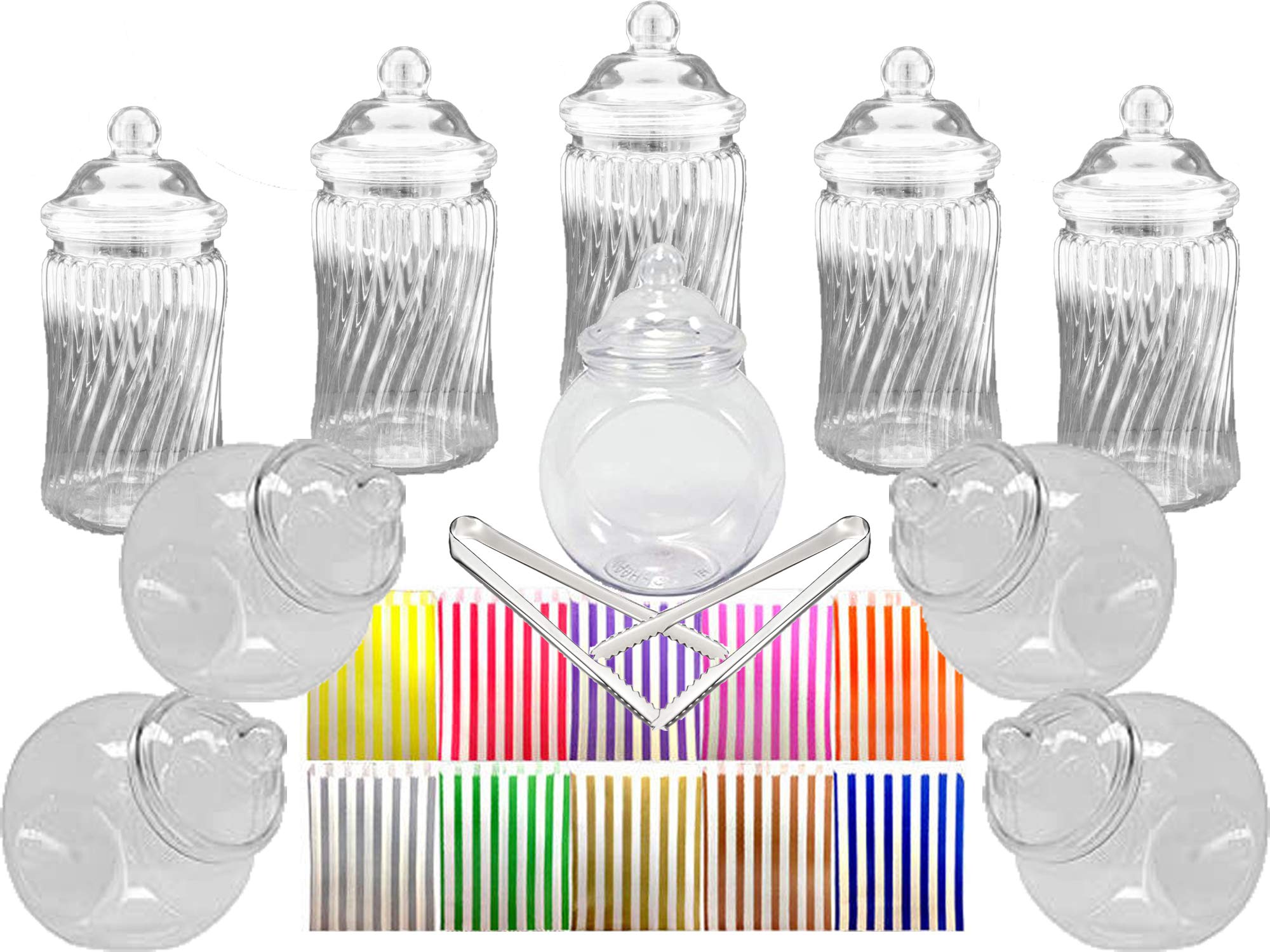 Truly Sweet Candy 10 Retro Plastic Sweet Jars, 2 Tongs and 50 Candy Stripe Bags (Pink)