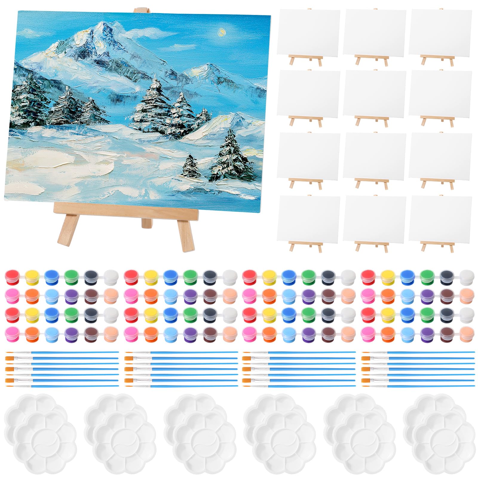 Photo 1 of ***Missing items***Qilery 12 Set Acrylic Paint Kit Mini Stretched Canvas with Easel, Acrylic Paints Strips, Brushes, Palette, Art Set for Adults Birthday Party Favors(6 x 8 Inch)