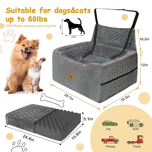 DOG CAR SEAT FOR MEDIUM/LARGE DOG BOOSTER SEAT UNDER 60 LBS OR 2 SMALL DOGS, MULTI-FUNCTIONAL PET CAR SEAT WITH THICK CUSHION, 2 SAFETY LEASHES (GRAY)