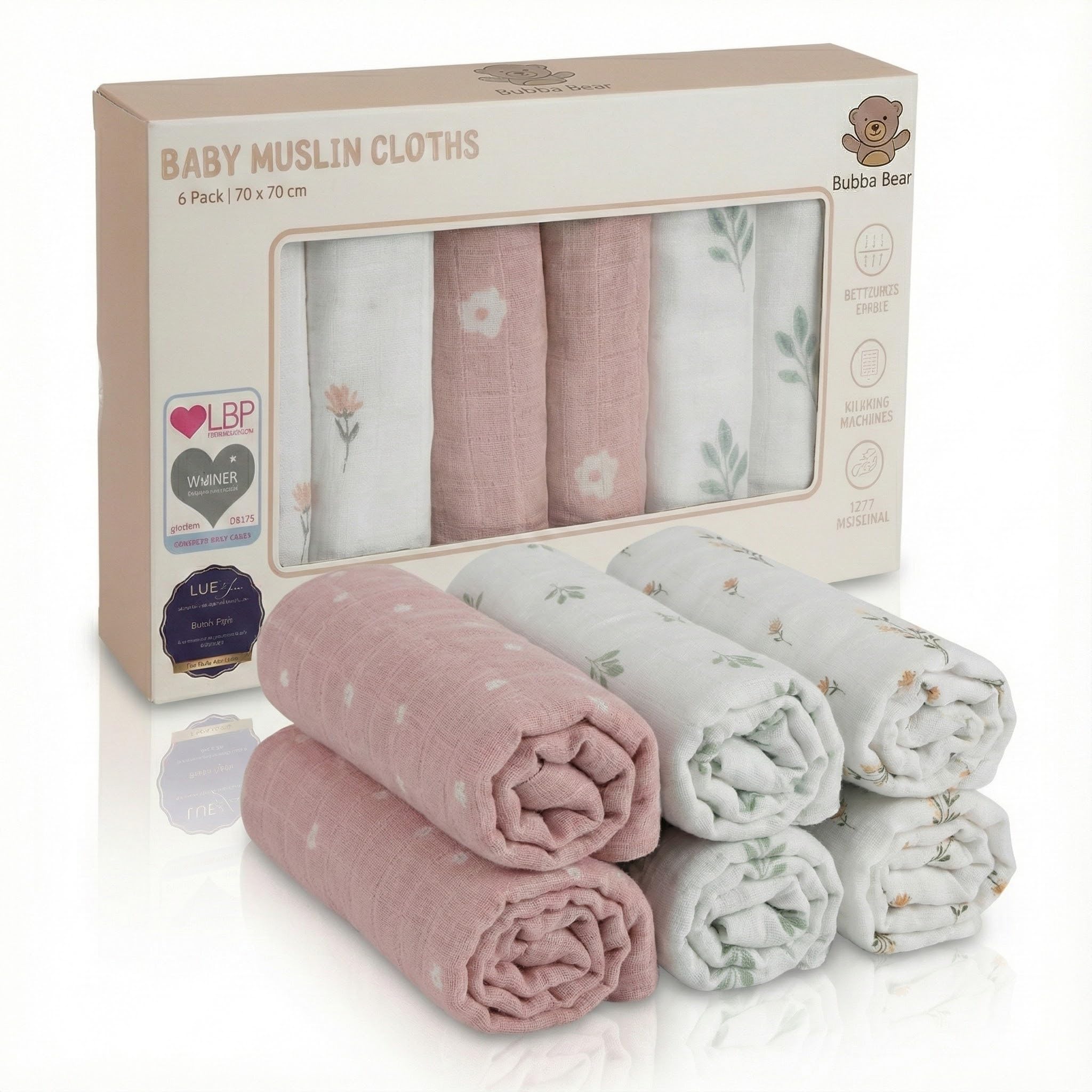 Bubba Bear Muslin Cloths for Baby, 6 Pack of Bamboo & Organic Cotton Muslins Squares 70x70cm, Large Burp Cloth for Babies, Cute Newborn Essentials for Baby Boy & Girl (Floral)