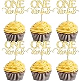 Gyufise 24Pcs Onederful Cupcake Toppers Glitter Onederful Cupcake Picks Onederful Cupcake Decorations for Baby Shower Kids first Birthday Theme Party Cake Decoration Supplies Gold