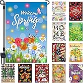 Lighted Seasonal Garden Flags Set of 12 Double Sided 12 x 18 Inch LED Yard Flags, Small Flags for Outside, Fall Winter Halloween Christmas Outdoor Flags,Solar Holiday Garden Flags for All Seasons