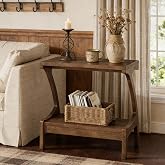 TRIBEWOOD Solid Wood End Table with 2-Tier Storage Shelf, Narrow Side Table for Living Room, Bedroom, Small Spaces, Natural Wood Paint Finish, Easy Assembly