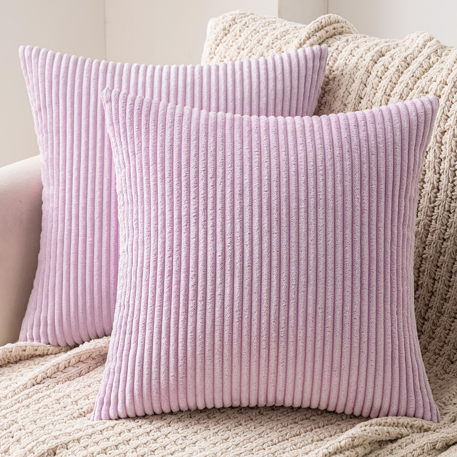 MIULEE Set of 2 Striped Corduroy Square Throw Pillow Case Soft Cushion Covers Sham Home for Sofa Couch/Bedroom Decorative Fluffy Large Pillowcases 16x16 Inch 40x40cm Violet โ image 1