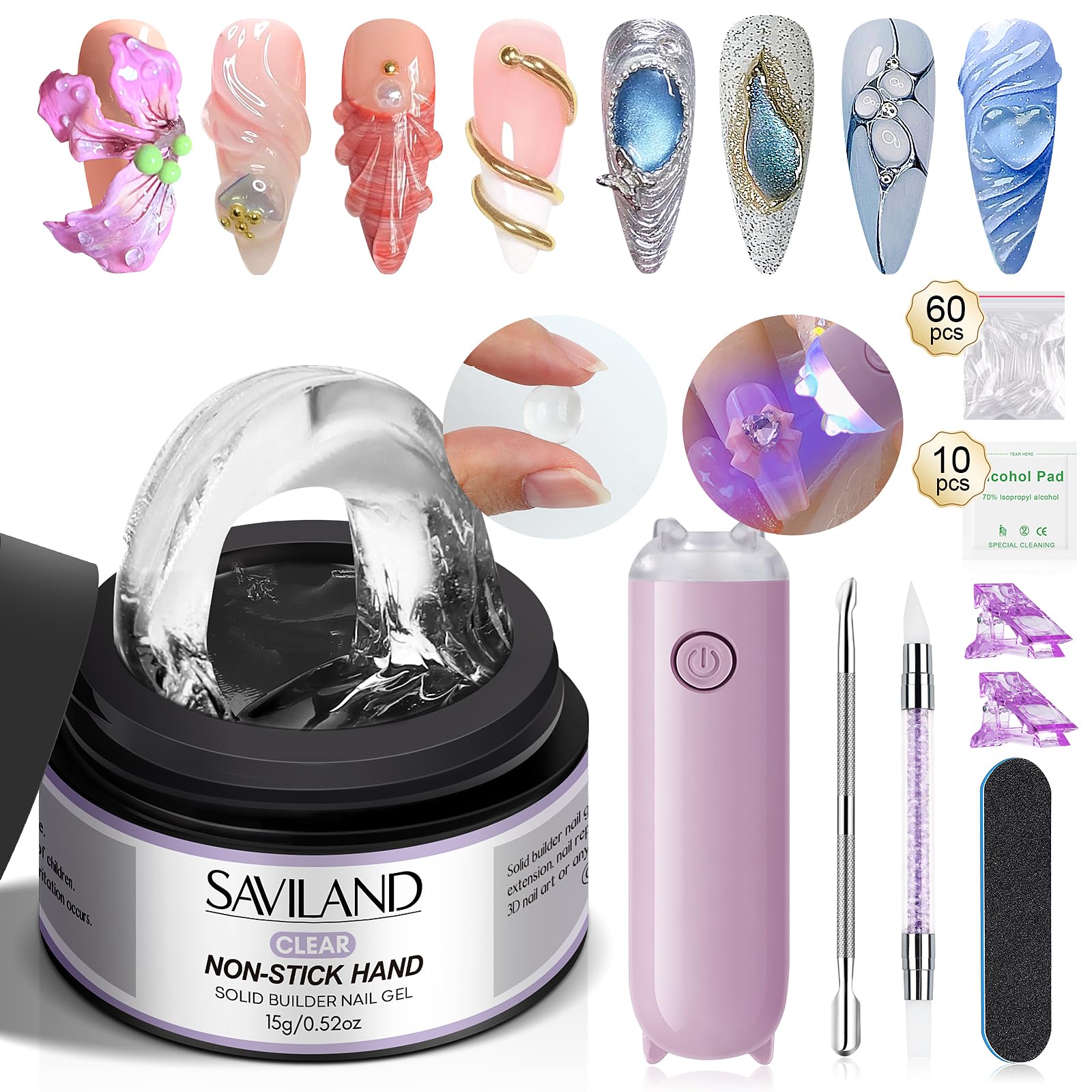 SAVILAND PRO-Hard Solid Builder Nail Gel for Nails: 2024 Ultra-Strength | Non-Sticky | Clear 3D Nail Gel with U V Lamp for 3D Nail Carving Emboss & Fast Extension Professional Use Salon
