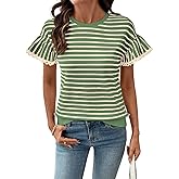 SHEWIN Women Summer Loose Fit Tops Trendy Rib Knit Stripe Shirt Business Dressy Casual 2026