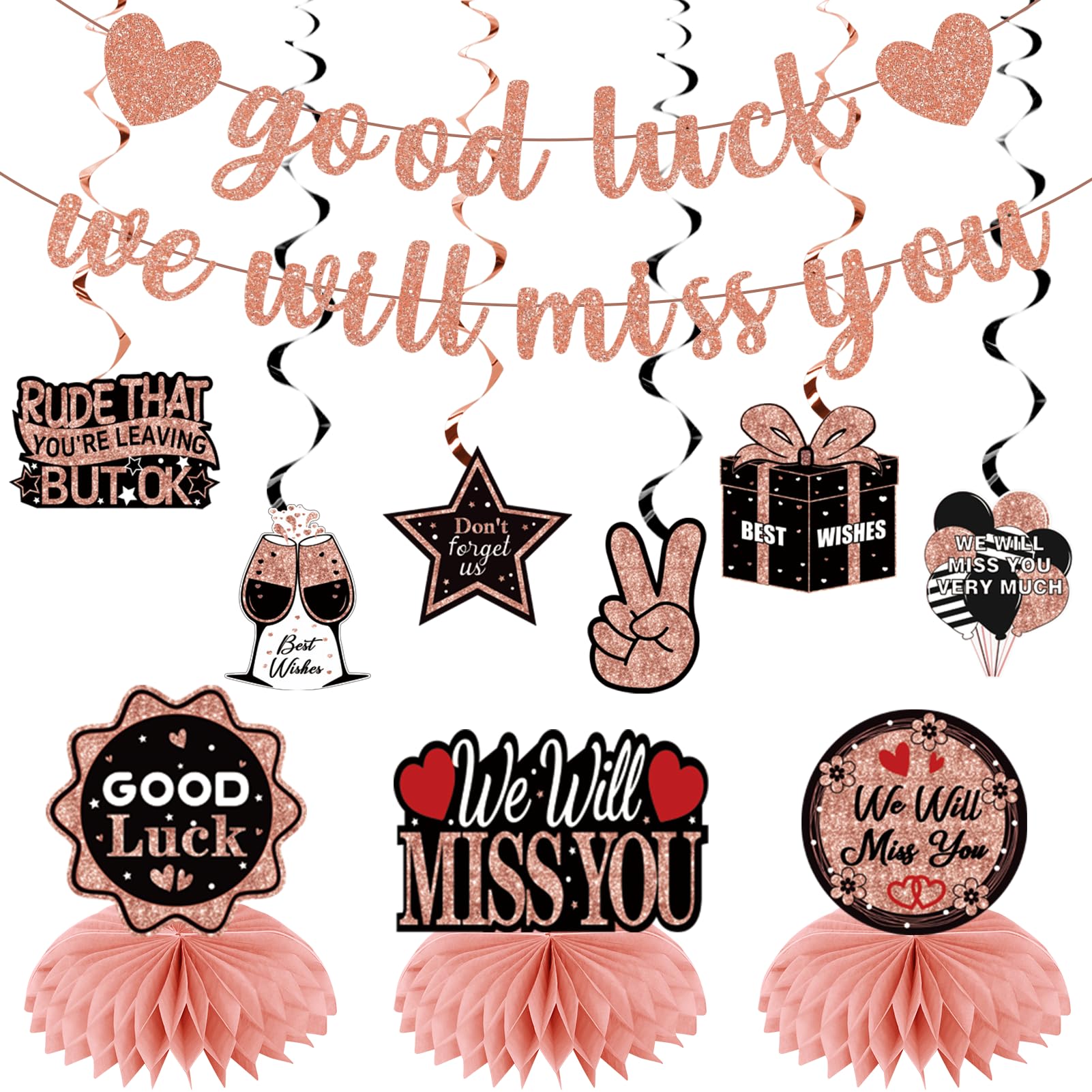 Photo 1 of Going Away Party Decorations, Good Luck We Will Miss You Decorations Banner Farewell Decorations Party Supplies Retirement Goodbye Party Decor Table Centerpieces Hanging Swirls, Black Rose Gold