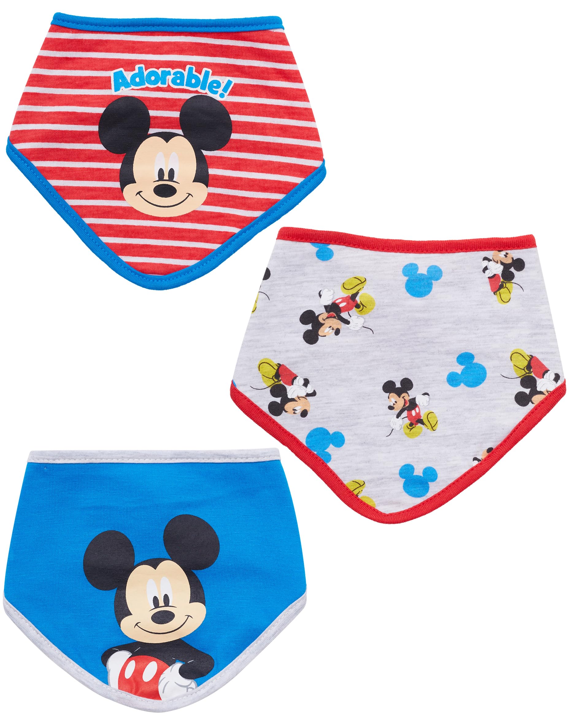 Disney Mickey Mouse Baby Bandana Bib 3 Pack, Mickey Mouse Baby Bibs (Blue/Red/Grey, 0-12M)