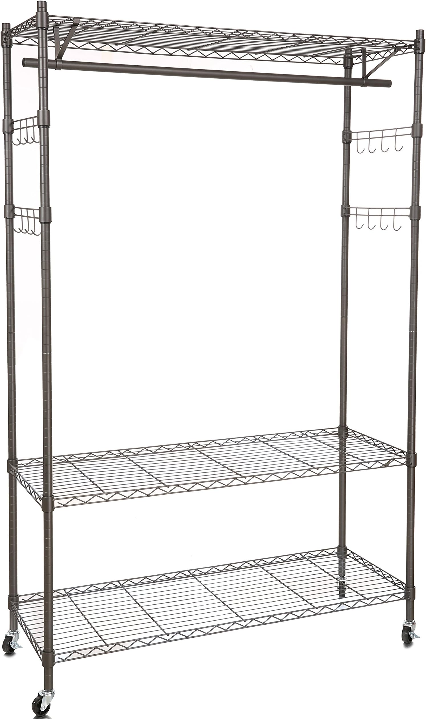 BATHWA Heavy Duty Clothing Rack, 3 Tiers Portable Clothes Racks, with Lockable Rolling Wheels, 4 Side Hooks and 1 Clothes Rod (Gray)