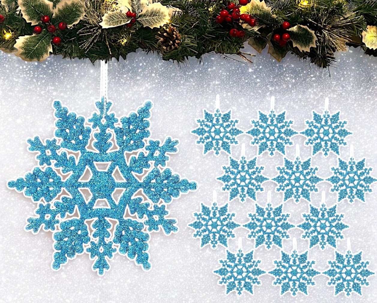 12pk Glitter Snowflake Hanging Decorations, Christmas Tree Snowflake Baubles/Ornaments (Ice Blue)