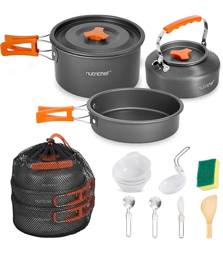 Aomiun Set De Cuisine Camping 22 Pièces Pour 3 Personnes – Casserole, Poêle, Bouilloire, Assiettes, Couverts Pliants – Alliage D'aluminium Antiadhésif
