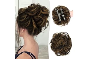 RUWISS Claw Clip Messy Bun Hair Piece Real Human Hair Buns Wavy Curly Chignon Hair Bun Extensions Tousled Updo Hair Buns Claw Clip Ponytail Hairpieces (Dark Brown with Golden Blonde)