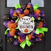 Knomeko Halloween Wreath for Front Door with Happy Halloween Sign | 20inch Pumpkin Ribbon Glitter Ornament Wreath Decor for Home Mantel Porch Wall Office Window