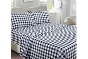 Briarwood Home 100% Cotton Printed Flannel Sheet Set 4 Piece Brushed Turkish Bedding Super Soft, Warm, Cozy, Deep Pocket & Breathable All Season Sheets & Pillow Set (Buffalo Navy Blue, Queen)