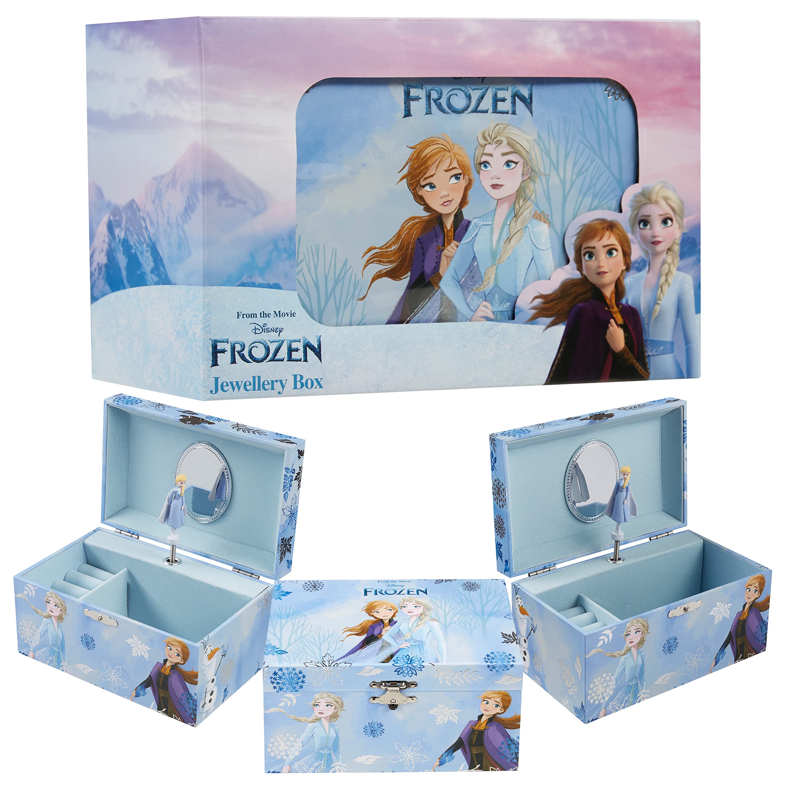 Disney Stitch Jewellery Box Musical Wind Up Spinning Figure Frozen Memory Box Keepsake Girls Teens Ring Slots Organiser Bedroom Decor, Gifts for Girls (Blue Frozen)