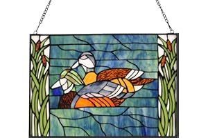 YOURANJU Rectangular Stained Glass Window Hanging Tiffany Style Handmade 16" X 11" Transom Window Panel Housewarming Gift Living Room Bedroom Kitchen Window Decor Hangings with Chain (Mandarin duck)