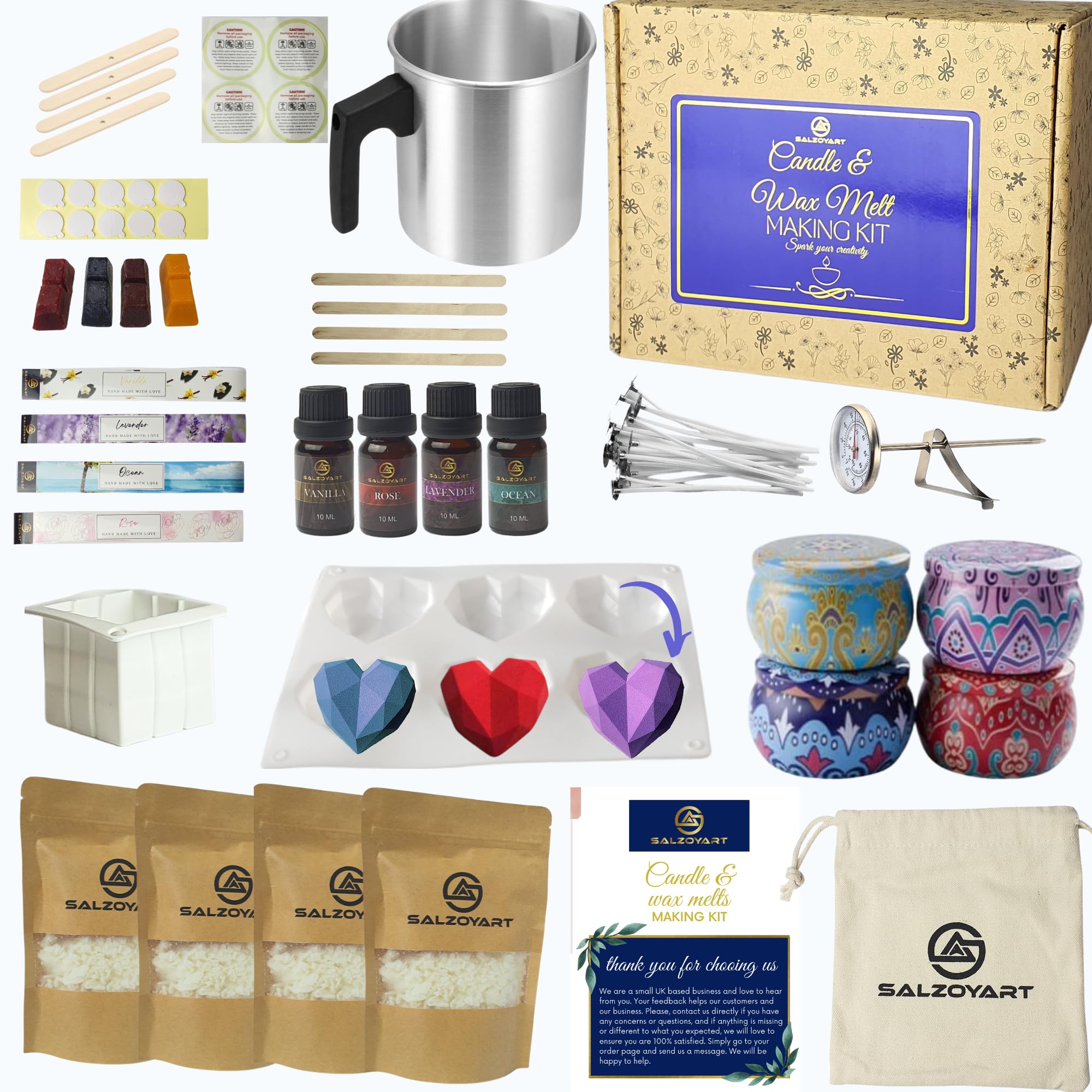 SALZOYART Candle Making Kit for Adults- | Soy Candle Making Kit | Candle Making Kits UK | Wax Melt Making Kit, Art & Craft Gift Set, Candle Mould, Scents, 2 lb Wax (Mandala Tins+Extras)