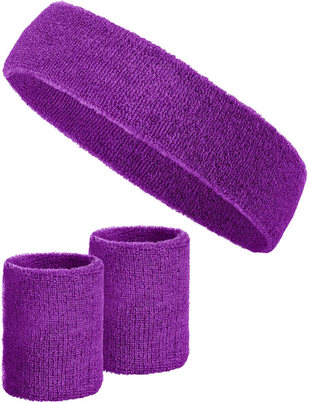 3-piece sweatband set with 2x sweatbands for wrists + 1x headband for women & men (purple)