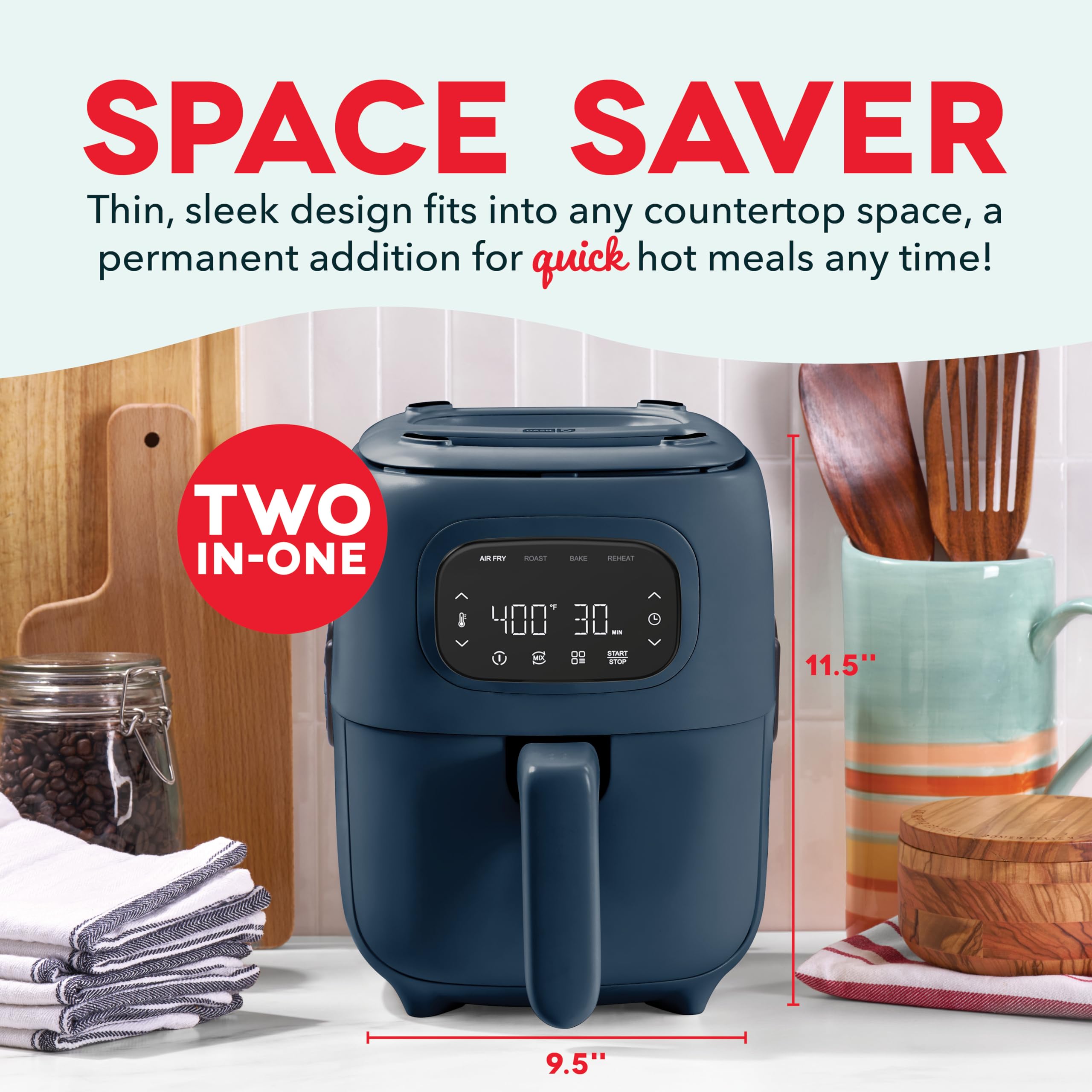 Dash Flip & Fry™ Parrilla digital 2 en 1 + freidora de aire con 4 funciones, capacidad de 3 cuartos, freidora de aire y parrilla interior para papas fritas, alitas, hamburguesas y más - Azul marino