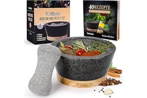 Tortillada – 16 cm Mortar and Pestle Set Large Made of Natural Granite with Anti-Scratch Wood Base Granite Spice Herb Grinder