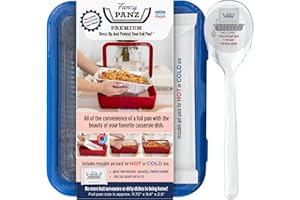 Fancy Panz Premium Dress Up & Protect Your Foil Pan, Made in USA. Hot/Cold Gel Pack, One Half Sized Foil Pan & Serving Spoon Included. Stackable for easy travel. (Denim Blue)