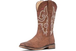 IUV Cowboy Boots For Women Square Toe Wide Western Boots Mid Calf Cowgirl Boots Pull On Fashion Embroidered Cowboy Boots